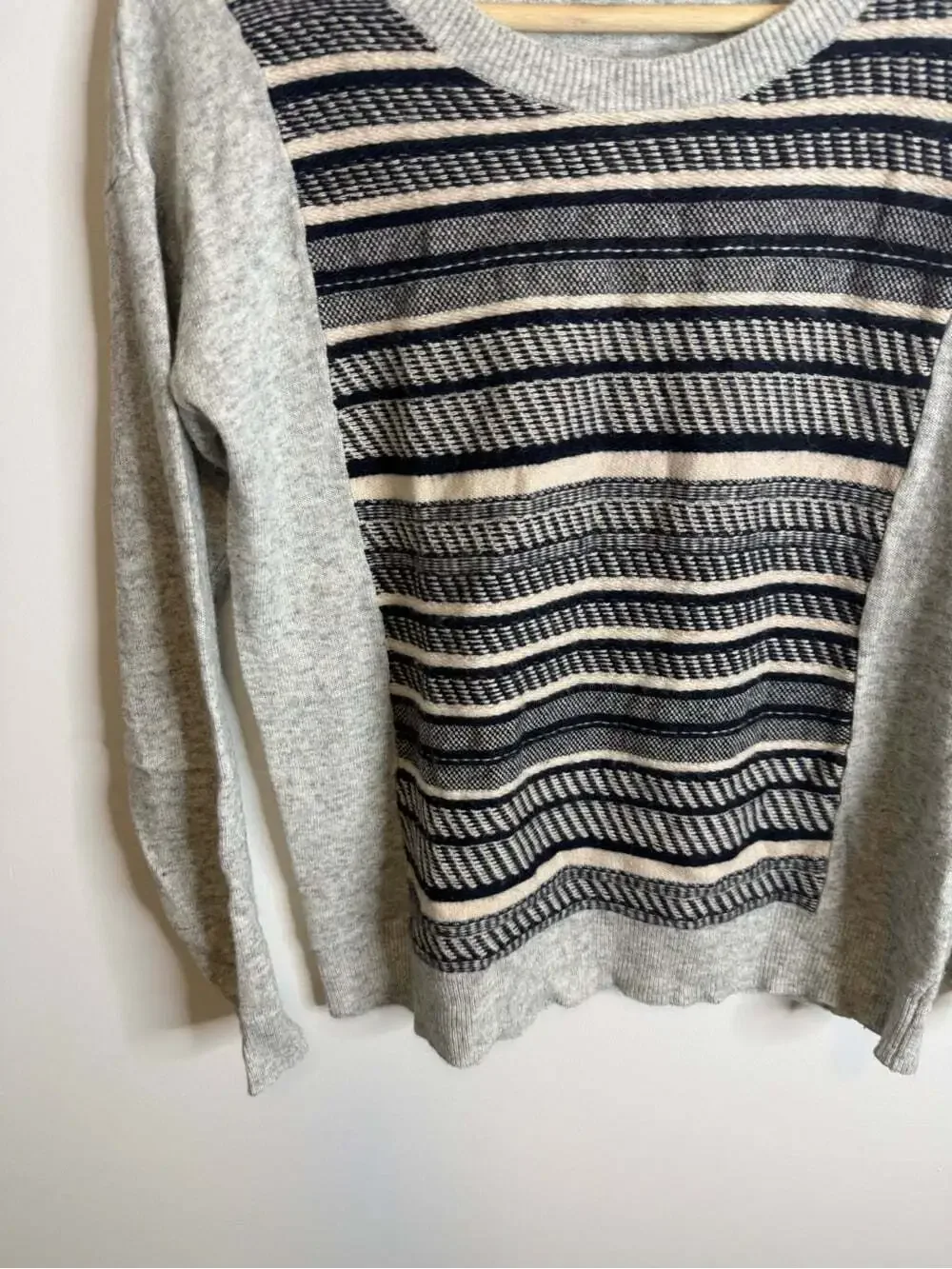 J. Crew Gray Crewneck Sweater with Navy and Cream Stripes wool rabbit hair small